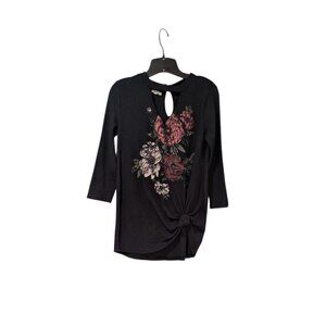 Maurices Black Floral Keyhole Neck Waffle Knit Cottagecore Blouse Sz S